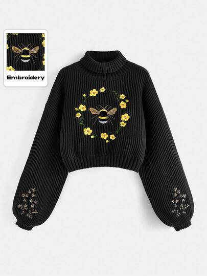 Fairycore Plus Size Women's Floral & Bee Embroidered Turtle Neck Sweater, School, For Winter