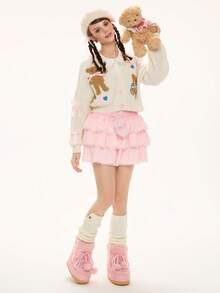 ROMWE Kawaii 女士休闲V领可爱小熊刺绣爱心蝴蝶结落肩长袖开衫毛衣 - 米色 - 查看 4