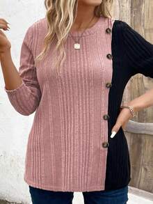 EMERY ROSE Nova camiseta feminina plus size casual com botões na gola diagonal e modelagem colorblock. - Multicolorido - Ver 4