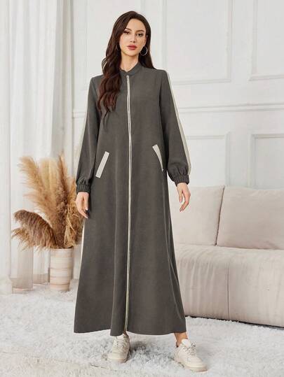 Yasmyna 咖啡棕色拉链休闲宽松棒球夹克款秋冬女式长袍