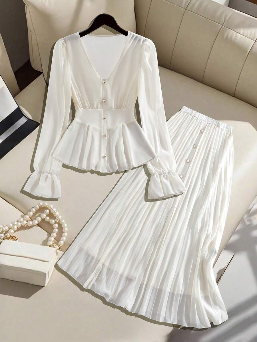 Franclia 优雅单排扣长袖衬衫和A字型长裙套装 - 杏色 - 查看 1