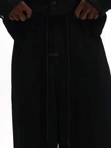 SUMWON 男士罗纹直筒运动裤，抽绳腰带，冬季居家休闲纯色款 - 黑色 - 查看 7