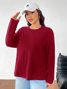 SHEIN EZwear 秋季大码纯色休闲长袖T恤 - 紅色 - 查看 3