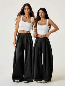 SHEIN EZwear Vintage Casual Street Style Loose Fit Olive Green Curved Hem Plus Size Pants, Autumn/Winter Baggy