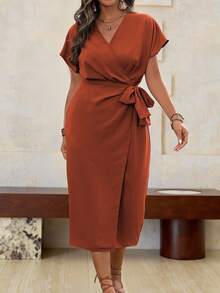 Roveilla 大码女式纯色简约日常短袖连衣裙长款女装