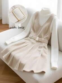 GlowEve Women's Corduroy Waist Fit & Flare Casual Everyday Versatile Fashion Apricot Dress - Apricot - View 1