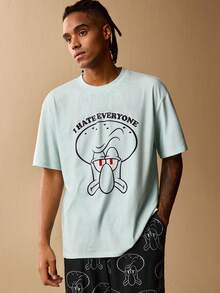 SpongeBob SquarePants | SHEIN Men Comfortable Cartoon Graphic Top & Pants Loungewear Set - Mint Blue - View 5