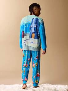 SpongeBob SquarePants | SHEIN Men's Casual Cartoon Pattern Long Sleeve Top And Pants Loungewear Set, Autumn, Winter Clothes - Blue - View 2