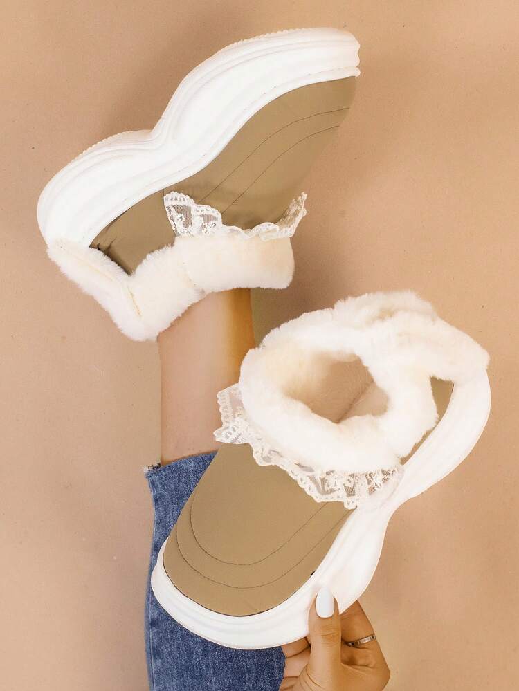 Botas de mujer con encaje, punta cerrada y suela gruesa, estilo dulce para invierno y uso casual - Caqui - Añade 3