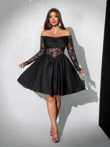 Viva Relle 大码女式垂褶领长袖缎面蕾丝拼接镂空中长A字黑色腰身连衣裙，优雅复古休闲派对鸡尾酒会礼服 - 黑色 - 查看 5