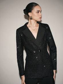 SHEIN ChicEase 女士优雅亮片装饰西装外套，适合节日派对、约会及其他场合，秋冬季穿着 - 黑色 - 查看 5