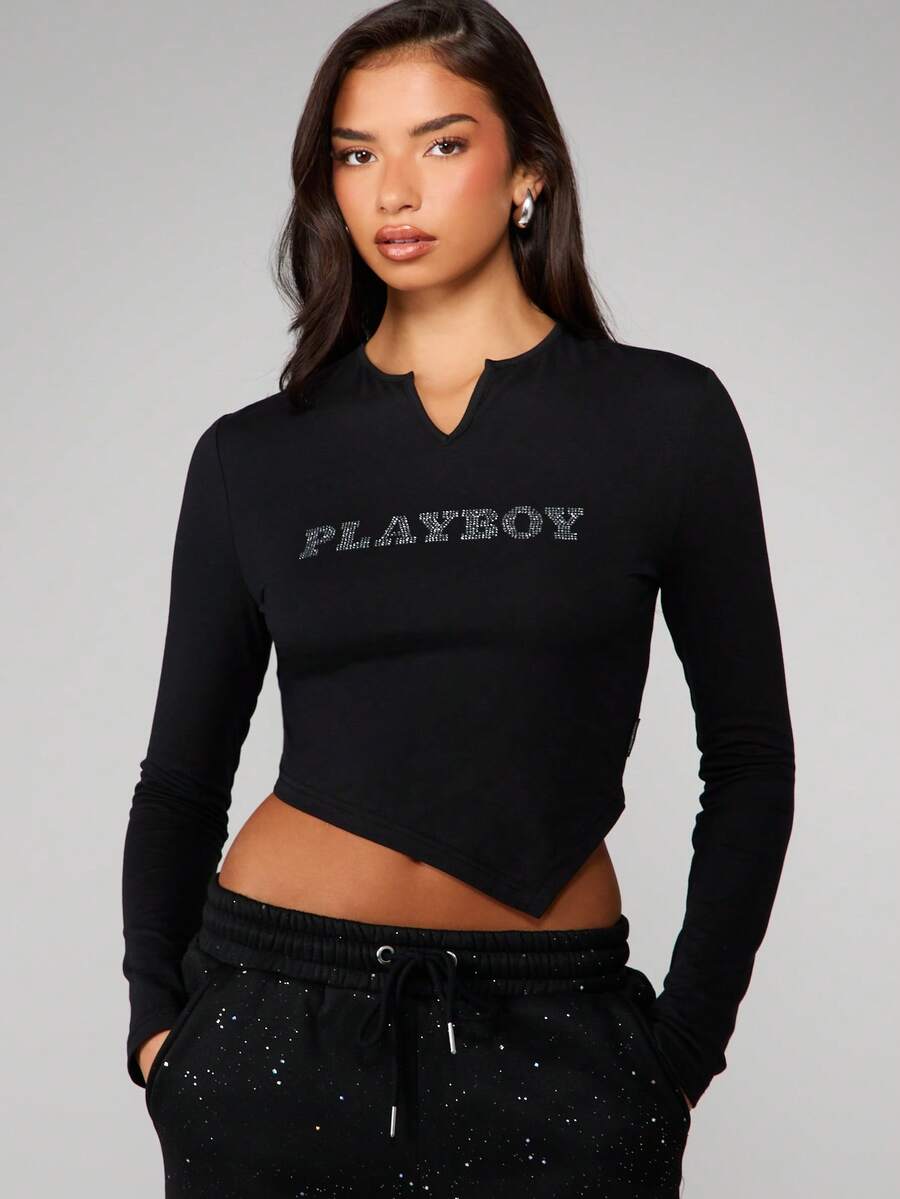 Missguided x Playboy 长袖水钻烫钻V领T恤，饰有兔子图案，适合休闲冬季穿着 - 黑色 - 查看 1