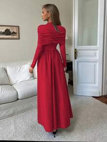Elenzga 优雅浪漫修身A字露肩高领长袖连衣裙（女款） - 紅色 - 查看 2