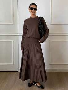DAZY Women Solid Color Crew Neck Long Sleeve Top And Pleated Skirt Sweater Set - Coffee Brown - View 6