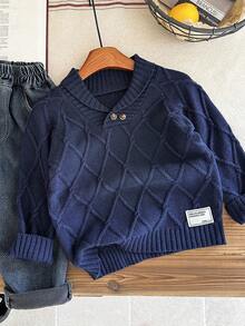 SHEIN 男童休闲日常百搭舒适宽松加厚针织套头毛衣，秋季藏蓝色毛衣，冬季 - 藏蓝色 - 查看 1