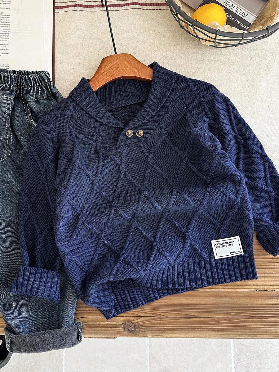 SHEIN 男童休闲日常百搭舒适宽松加厚针织套头毛衣，秋季藏蓝色毛衣，冬季 - 藏蓝色 - 查看 1