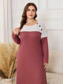 Lacomfia Váy len Waffle họa tiết khối màu cho nữ, cài nút vai, tay dài, dáng rộng thanh lịch cỡ lớn - Đỏ và trắng - Xem 1