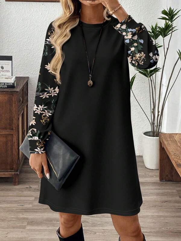 EMERY ROSE 女式休闲插肩袖长袖短款连衣裙，适合秋冬季，复古花卉印花