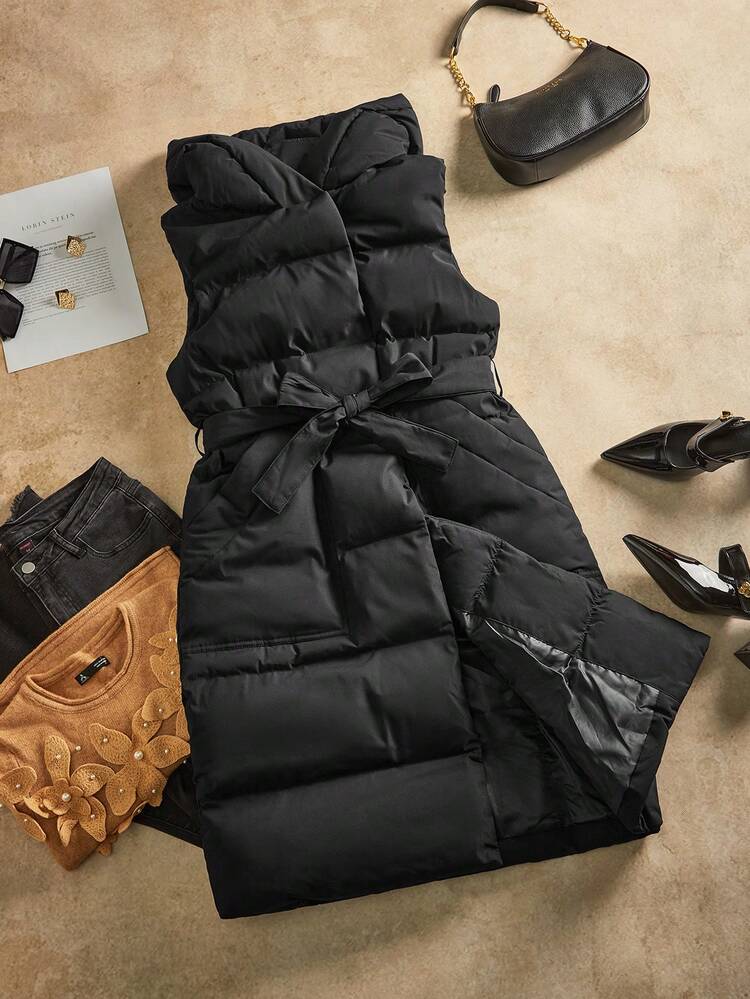 Thick Quilted Sleeveless Cinched Waist Vest Jacket For Women