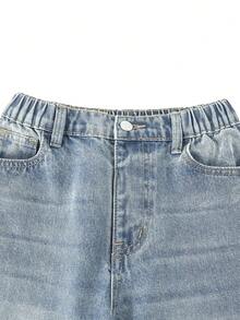 Denimly 男童休闲日常都市街头个性涂鸦印花松紧腰拉链口袋工装裤 - 淺色水洗藍 - 查看 5