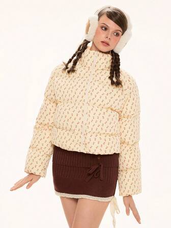 Kawaii Women's Minimalist Print Stand Collar Long Sleeve Padded Coat