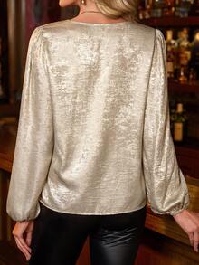 SHEIN Clasi New Year Clothes,Women's Gold Ruched Sleeve V-Neck Accordion Pleat Front Shirt Lantern Sleeve Blouse V Neck Blouse Gold Shirts For Women Winter  Christmas New Year Thanksgiving Graduation Elegant Formal - Gold - View 2