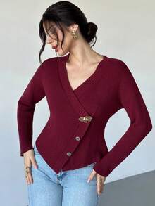 Firerie Women's Elegant Burgundy V-Neck Long Sleeve Cardigan,Autumn Office Refined Minimalist Casual Fashion Metal Button Daily Commute Christmas Knitwear - Red Violet - View 3