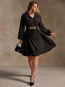 Elegantrix Plus Size Black Long Sleeve Short Dress With Metal Waist Chain, Waist Cinching Design, Suitable For Christmas, Halloween, Autumn/Winter Women Shirt Dress - Black - View 6