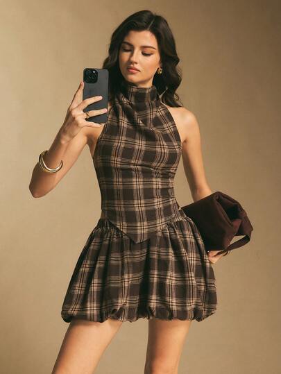 Poéselle Plaid High-Neck Crop Top & Bubble-Hem Mini Skirt Co-Ord – Brown Check Two-Piece Set For Statement Preppy-Vintage Fall Looks,Women's Plaid Casual Sleeveless Top And Bottom 2 Pieces Set Checkered Dress Brown Short Dress Coffee Brown Dress Plaid Dress Earth Tone Dress