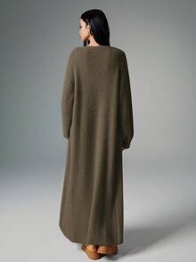 Poéselle 杏色加长绒毛开衫，女士纯色休闲针织开衫，适合秋季、冬季穿着，柔软舒适保暖，简约时尚，复古风格，适合日常街头、通勤、居家穿着，女士冬季休闲落肩宽松卡其色纯色开衫，休闲日常长款开衫，女士开衫，长款毛衣开衫，女士秋季长款开衫 - 棕色 - 查看 3