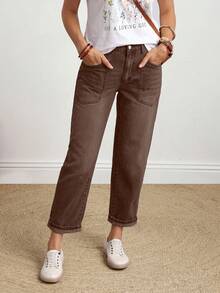EMERY ROSE Quần jeans ống côn lưng thun co giãn giặt thường ngày cỡ lớn - Cà phê nâu - Xem 4