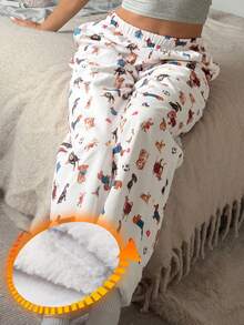 DAZY Dog Print Fleece Patchwork Design Cozy Winter Loose Women Fluffy Sleep Bottoms - White - View 9