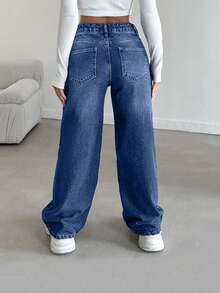 EURMUSE Petite JEANS LOW WAIST STRAIGHT FIT CASUAL STYLE WASHED BLUE BUTTON DETAILED ,Petite Women - Medium Wash - View 2