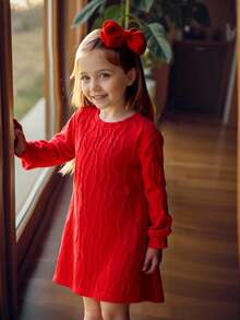 SHEIN 年轻女孩休闲纹理宽松圆领连衣裙，秋季 - 紅色 - 查看 7