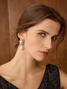 MOTF PREMIUM PENDIENTES DE PERLAS FALSAS SENCILLOS Y VERSÁTILES PARA MUJER, ESTILO CASUAL ELEGANTE - Plateado - Ver 5