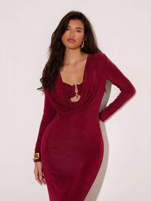 Opulessa Damen Einfarbiges Kleid mit drapiertem Ausschnitt, langem Ärmel und figurbetonter, sexy Passform - Bordeaux - Übersicht 10