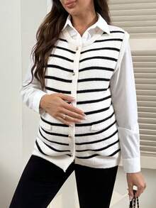 SHEIN Maternity Round Neck Striped Front Button Casual Sweater Vest