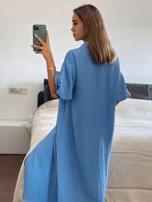 DAZY Letter Print Shirt Dress With Puff Sleeves, Long Style Women Loungewear - Blue - View 2
