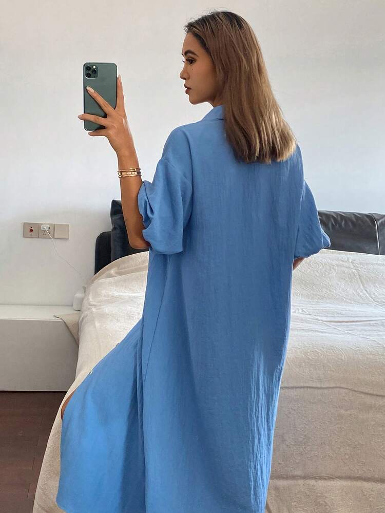 Letter Print Shirt Dress With Puff Sleeves, Long Style Women Loungewear