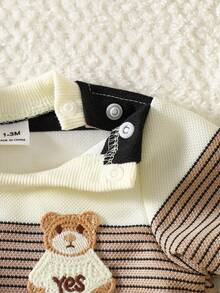 SHEIN Autumn New Arrival Newborn Baby Striped Contrast Color Top, Cute Bear Embroidery Soft & Comfy Shoulder Button Casual Baby Clothes - Khaki - View 5