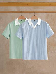 EASEVO Plus Size Men's Summer Casual Contrast Collar T-Shirt Set - Multicolor - View 6