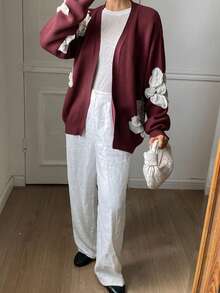 DAZY Women's Elegant Contrast Color Floral Cardigan, Autumn - Burgundy - View 6