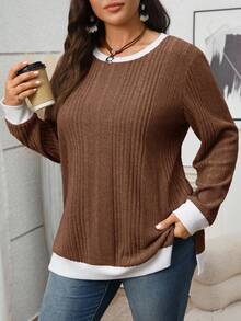 EMERY ROSE Große Größen Kontrast Farbe 2 in 1 Rundhals Dropped Shoulder Langarm Spaltung Saum Lässiges Loose Sweatshirt