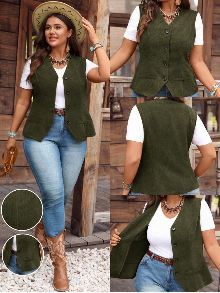 プラスサイズ コーデュロイ 無地 ボタン前開き Vネック カジュアルベストジャケット