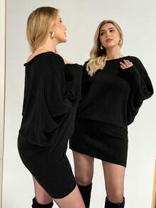 Auralis 大码女装秋冬时尚优雅宽松舒适保暖百搭黑色露肩长袖毛衣连衣裙，冬季连衣裙，秋季穿搭，女士冬装