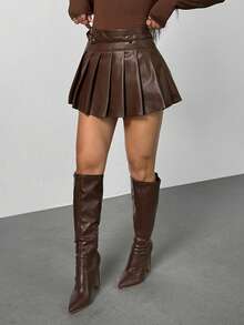 SHEIN PETITE 女士秋冬巧克力棕色纯色搭扣褶皱PU皮裙，皮革褶皱裙，伞裙，秋季女装，冬季女装，万圣节服装，商务休闲女装，复古风格女装 - 棕色 - 查看 4