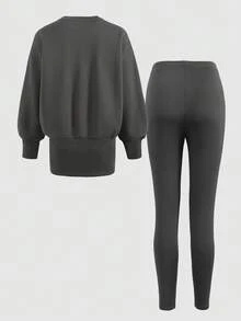 SHEIN Bộ áo nỉ dài tay cổ tròn thoải mái, tối giản, rộng rãi, thiết kế đường may và quần bó cho bé gái tuổi teen - Màu Xám nhạt - Xem 2