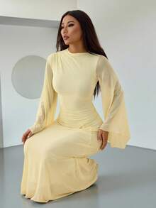 SHEIN PETITE Robe élégante à col asymétrique drapé, ourlet asymétrique, manches évasées, version premium améliorée, couleur jaune bouton d'or - Jaune citron - Voir 9