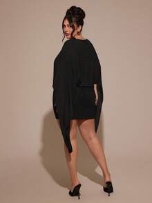 SHEIN BAE Plus Size Women's Black V-Neck Fitted Elegant Mini Dress,Autumn Formal Evening Night Out Club,Christmas Party Wedding Birthday Birthday Curve Dresses - Black - View 2