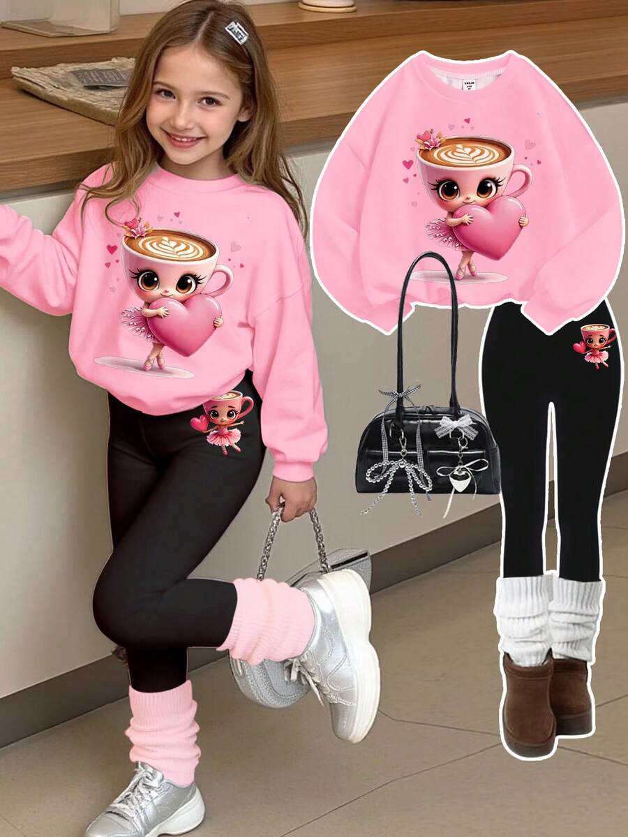 2 件套年轻女孩休闲卡通心形印花落肩宽松圆领长袖运动衫和紧身裤，适合秋冬季 - 彩色 - 查看 1